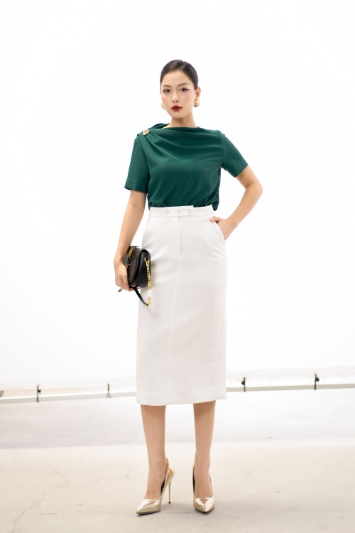 Sixdo White Straight Midi Woven Skirt 2